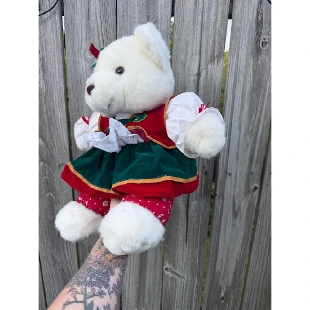 Vintage 1995 Santa's‎ Best White Teddy Bear Christmas Holiday Plush Velvet Dress